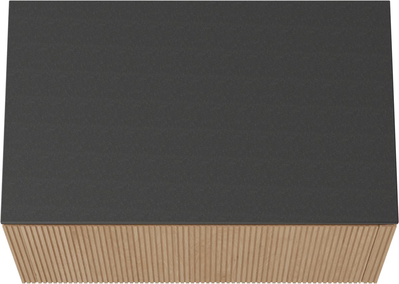 Balmani Eclips zwevend badkamermeubel 90 x 55 cm Natuur eik met Stretto enkel tablet in Graniet zwart, Verticale symmetrische rechte ribbel