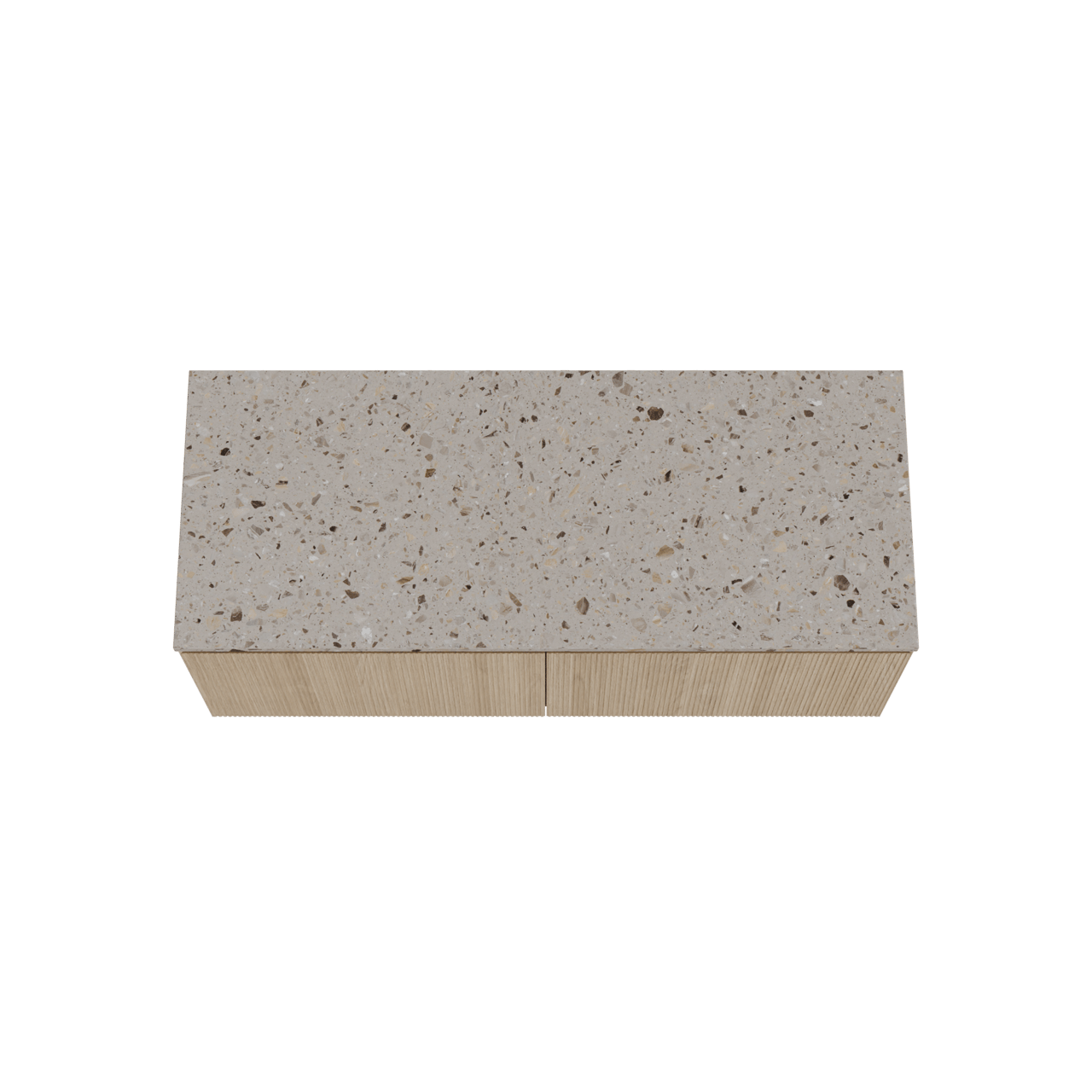 Balmani Fila zwevend badkamermeubel 135 x 55 cm natuur eik met Stretto enkel of dubbel tablet in terrazzo greige terrazzo, Verticale symmetrische rechte ribbel