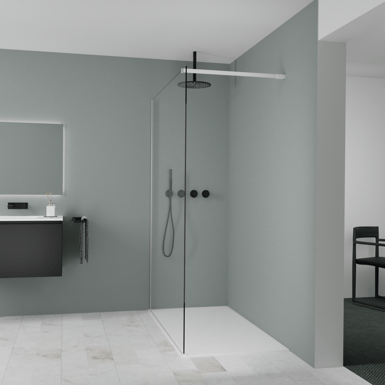 Balmani Modular douche à l'italienne: 150 x 200 cm, Verre transparent, avec coating, Profil Blanc mat