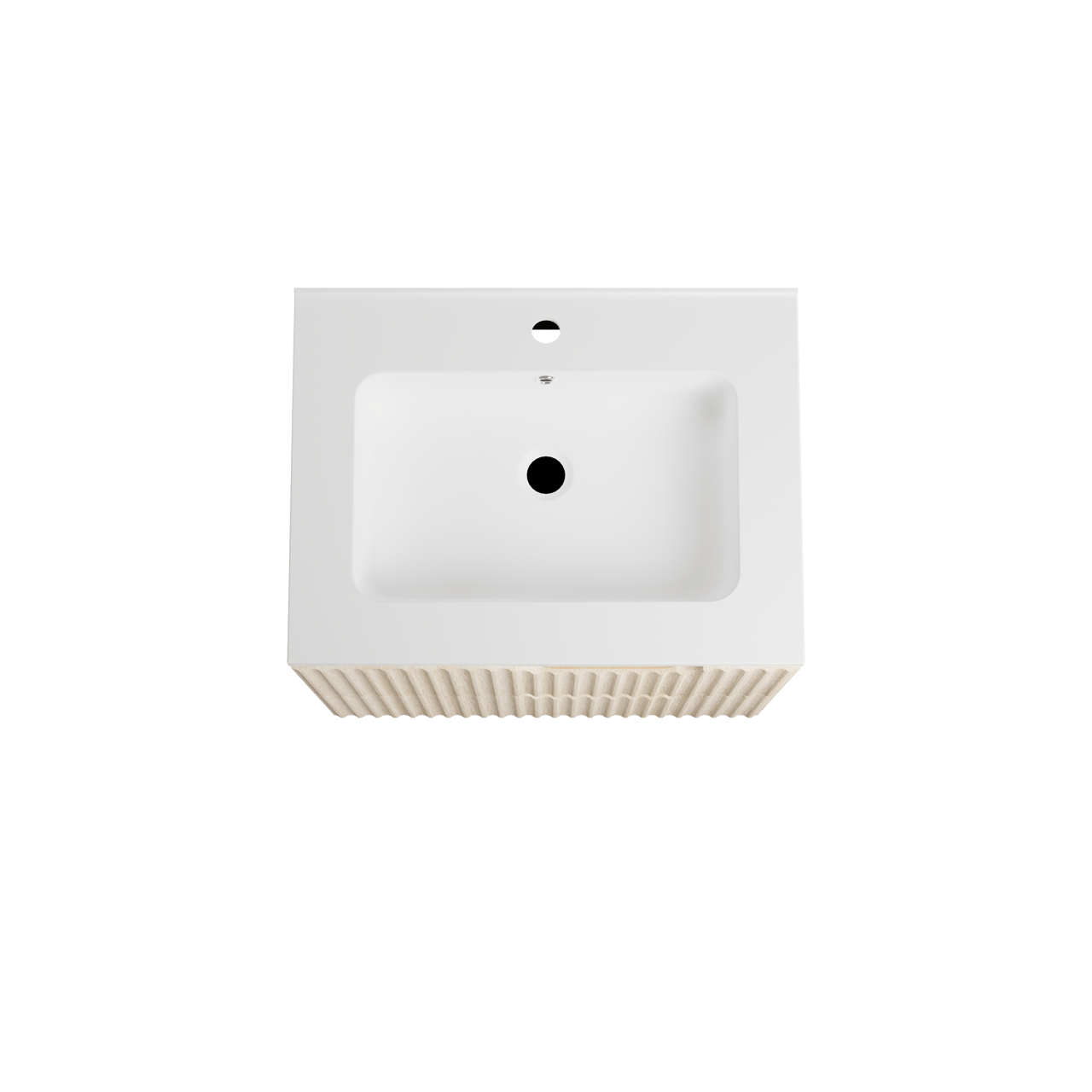 Linie Ribbo hängendes Möbelstück Set: 60 x 46 cm, Helle Eiche, mit Vano Einzelwaschtisch, Marmorkomposit, Weiß matt, Vertikale symmetrische runde Rippe