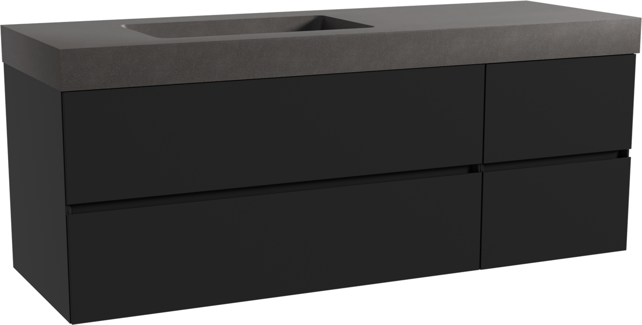 Storke Edge zwevend badkamermeubel 150 x 52 cm mat zwart met Scuro High asymmetrisch linkse wastafel in kwarts mat zwart