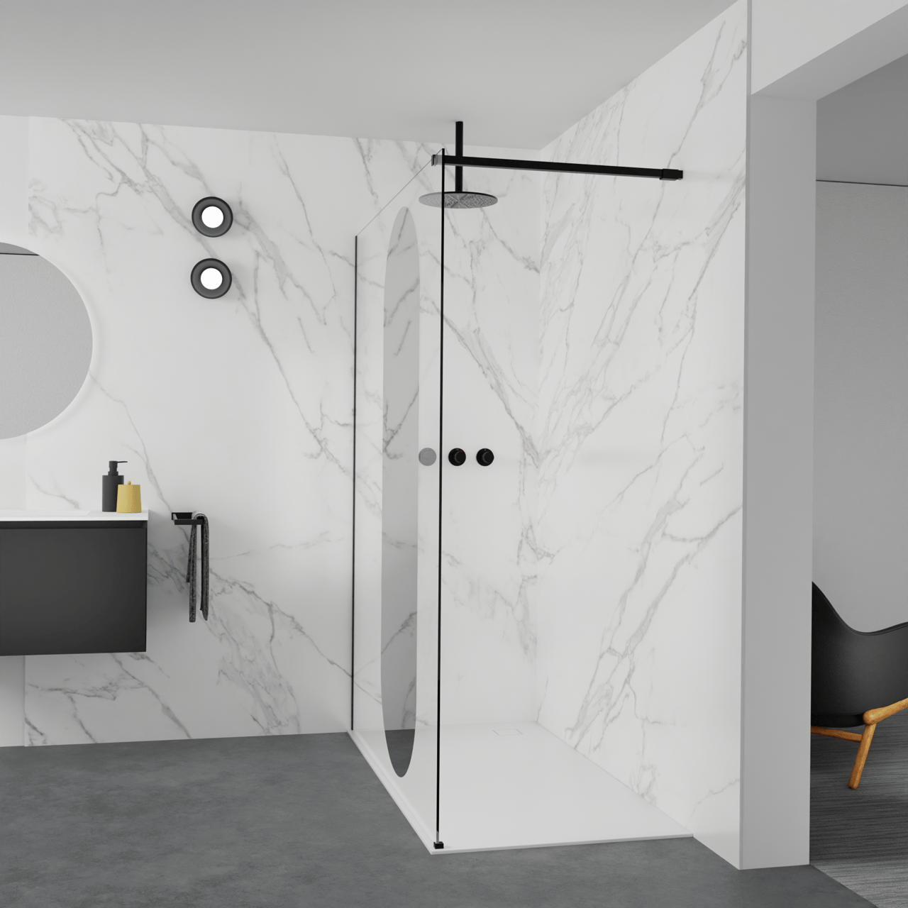 Balmani Modular Walk-In Dusche: 160 x 200 cm, Reflex-Spiegelglas Oval, Profil Schwarz matt