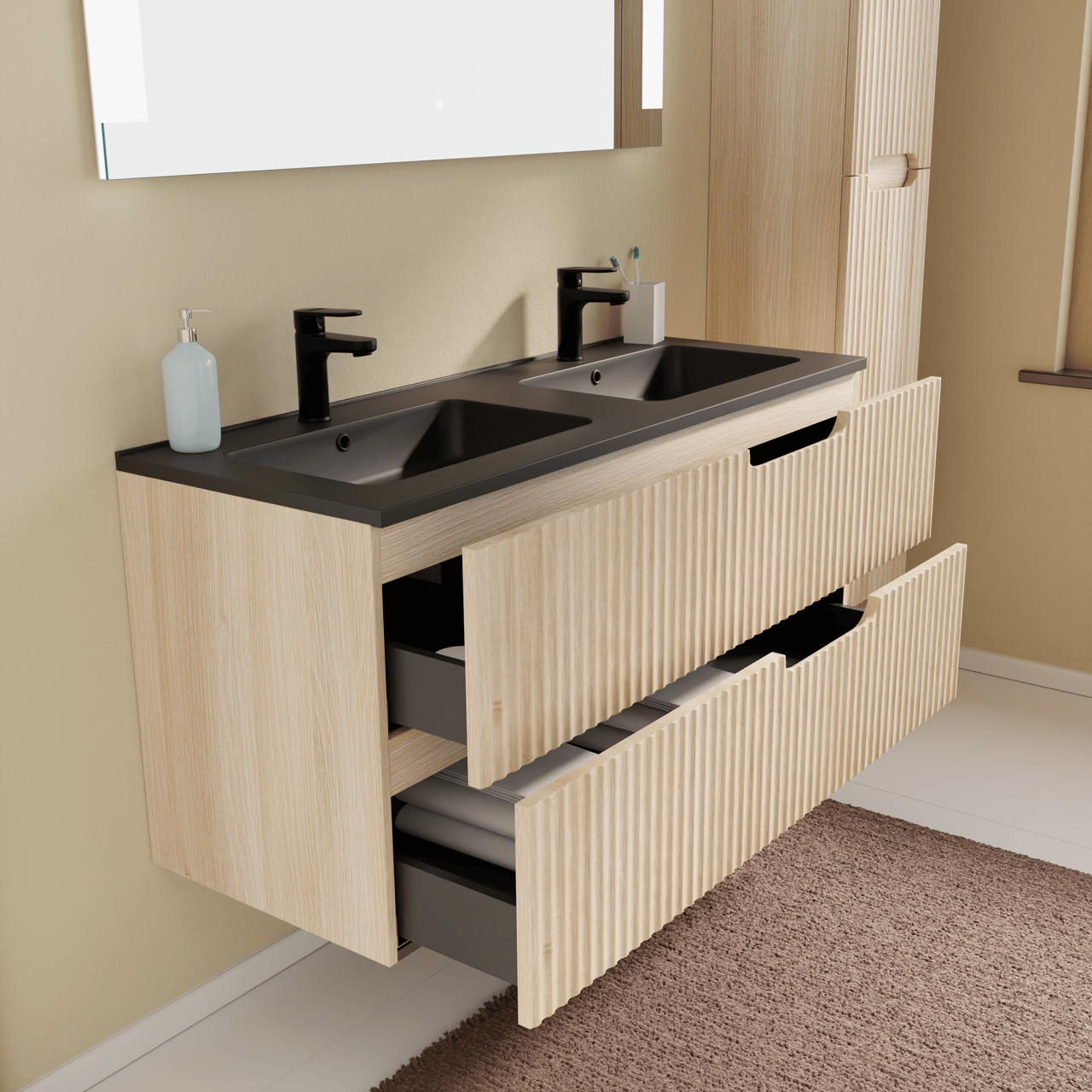 Linie Ribbo hängendes Möbelstück Set: 120 x 46 cm, Helle Eiche, mit Vano Doppelwaschtisch, Marmorkomposit, Schwarz matt, Vertikale symmetrische runde Rippe