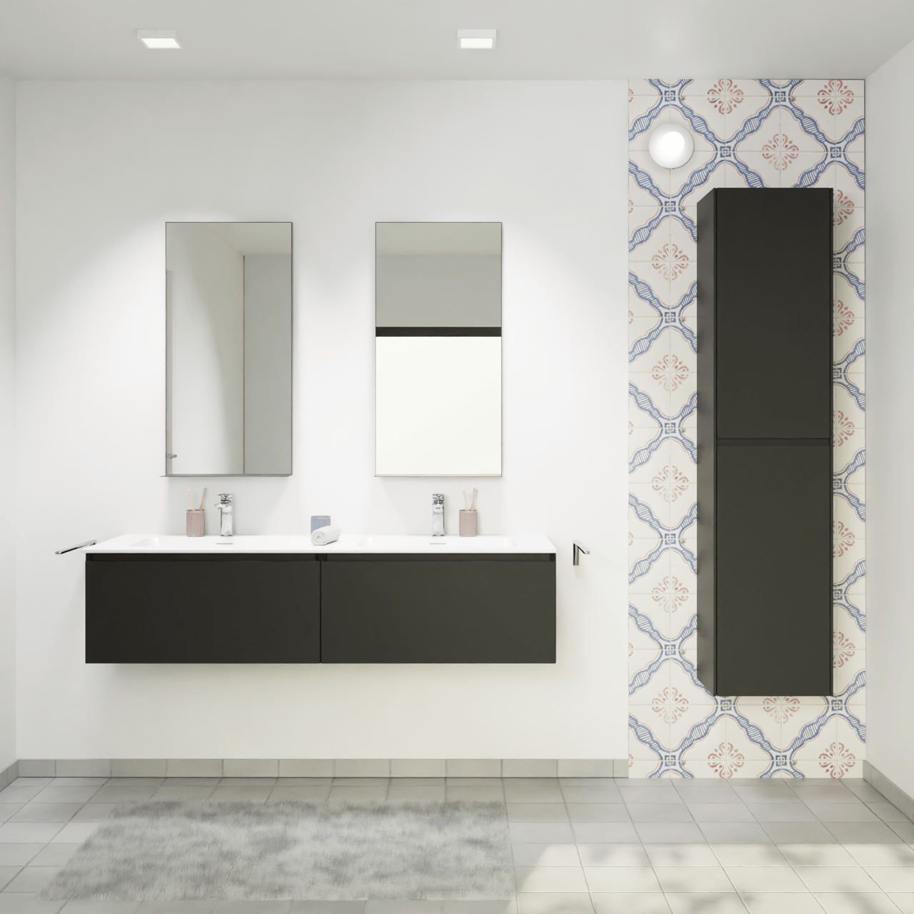 Storke Edge meuble salle de bains suspendu 150 x 52 cm noir mat avec Mata double vasque en solid surface blanc mat