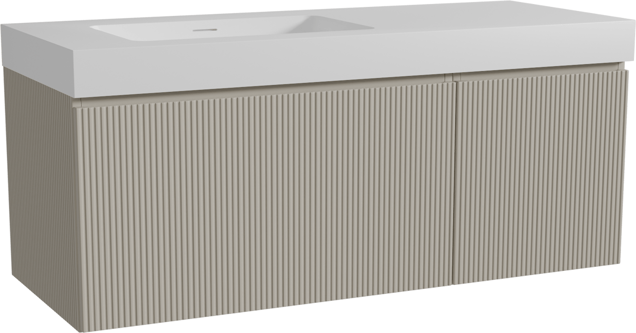 Storke Ribs hängendes Möbelstück Set: 130 x 52 cm, Seidengrau, mit Mata High Waschtisch links, Solid Surface, Weiß matt, Vertikale symmetrische gerade Rippe