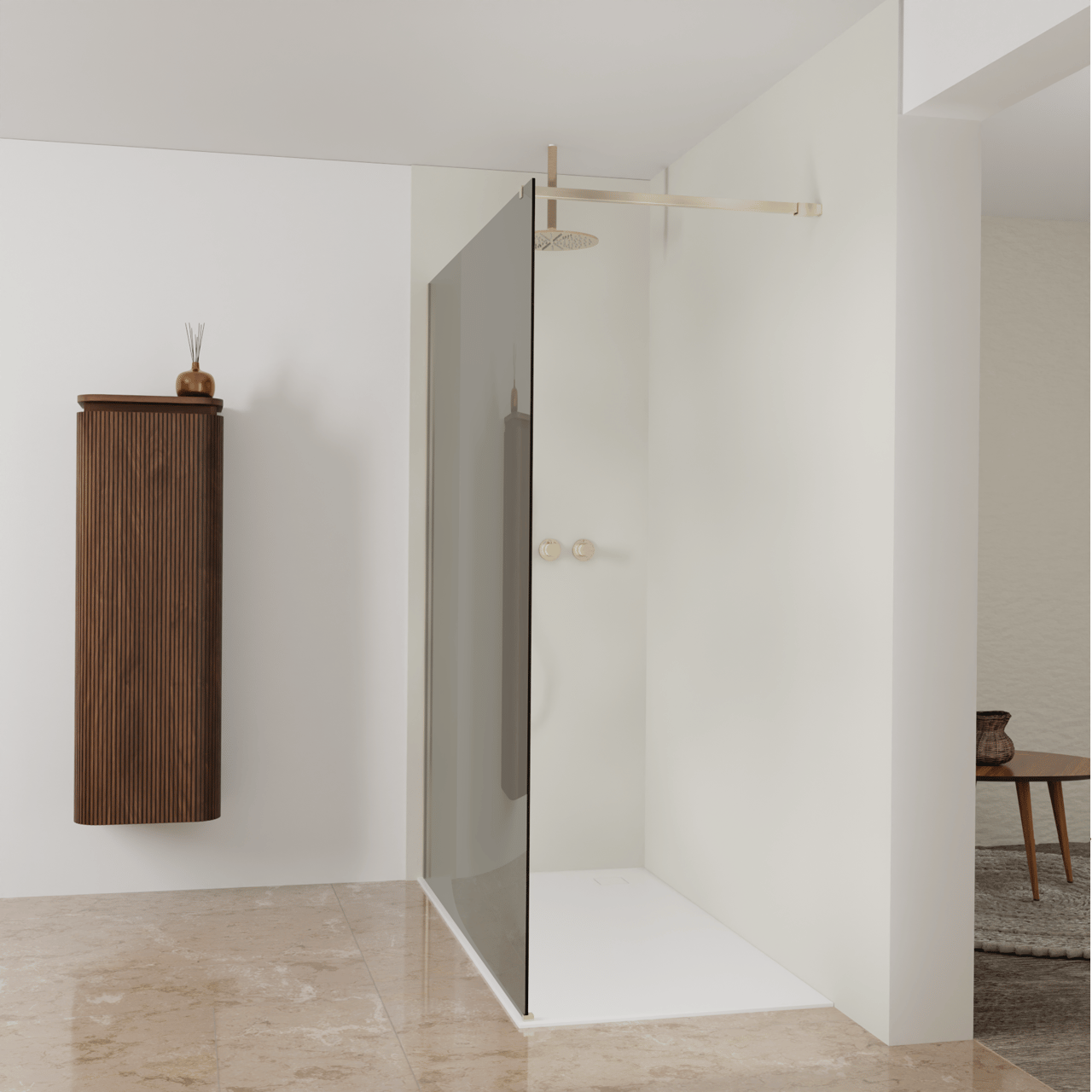 Balmani Modular inloopdouche: 160 x 200 cm, Rookglas, Brushed Champagne Gold profielen