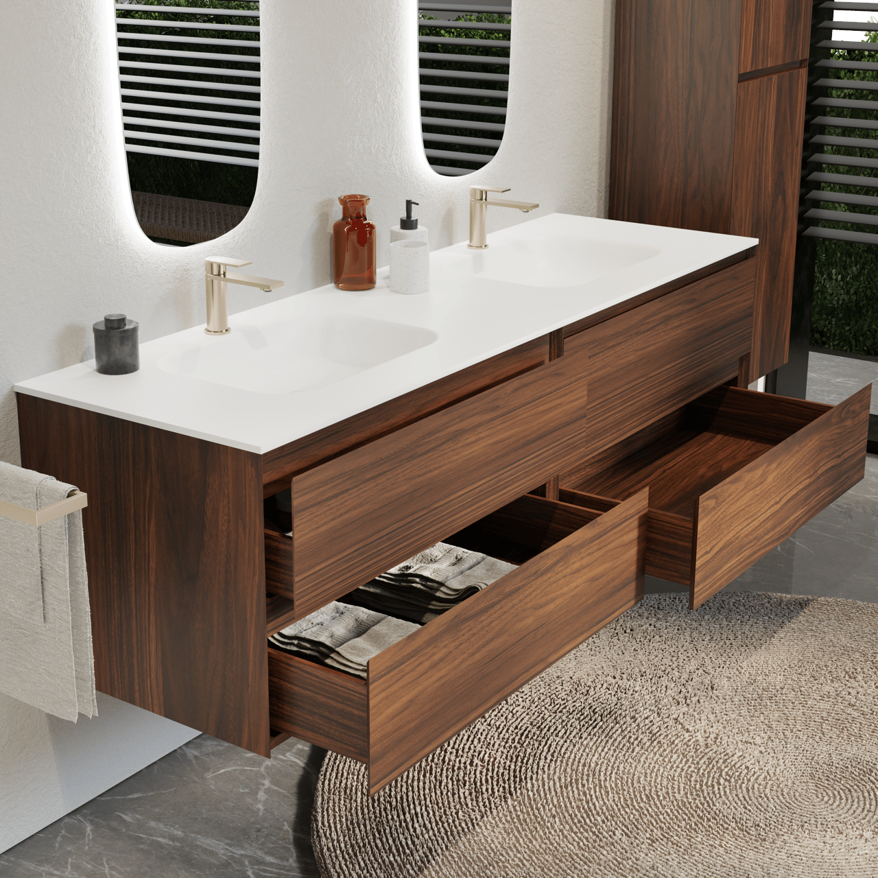 Balmani Mitra zwevend badkamermeubel 180 x 55 cm notelaar met Tablo Arcato dubbele wastafel in solid surface mat wit