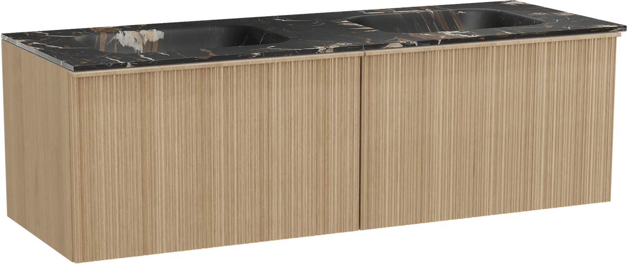 Balmani Forma zwevend badmeubel 150 x 55 cm naturel eiken met Tablo Arcato dubbele wastafel in marmer portoro gold, Verticale asymmetrische ronde ribbel