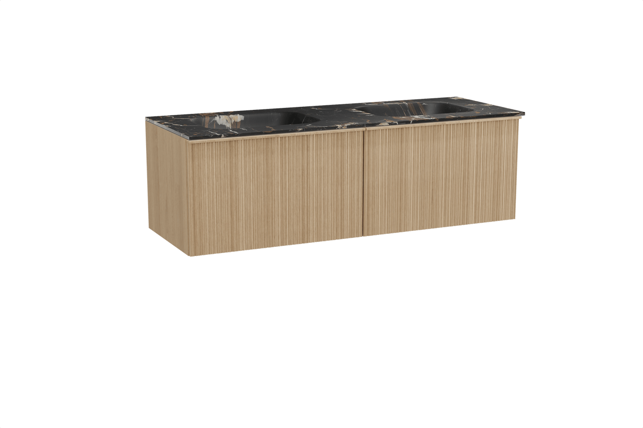 Balmani Forma hängendes Möbelstück Set: 150 x 55 cm, Naturbelassene Eiche, mit Tablo Arcato Doppelwaschtisch, Marmor, Portoro Gold, Vertikale asymmetrische Runde Rippe