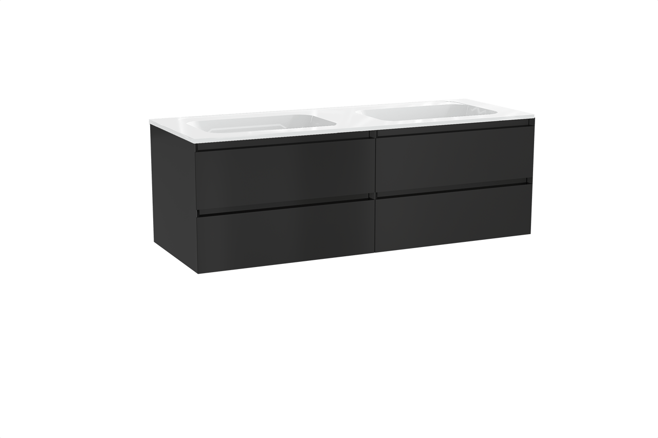 Balmani Mitra meuble salle de bains suspendu 150 x 55 cm noir mat avec Tablo Strada double vasque en marbre composite blanc brillant