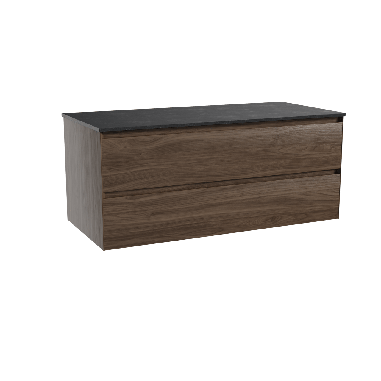 Balmani Mitra hängendes Möbelstück Set: 120 x 55 cm, Amerikanischer Nussbaum, mit Stretto Einzel Waschtischplatte, Schwarzes Granit