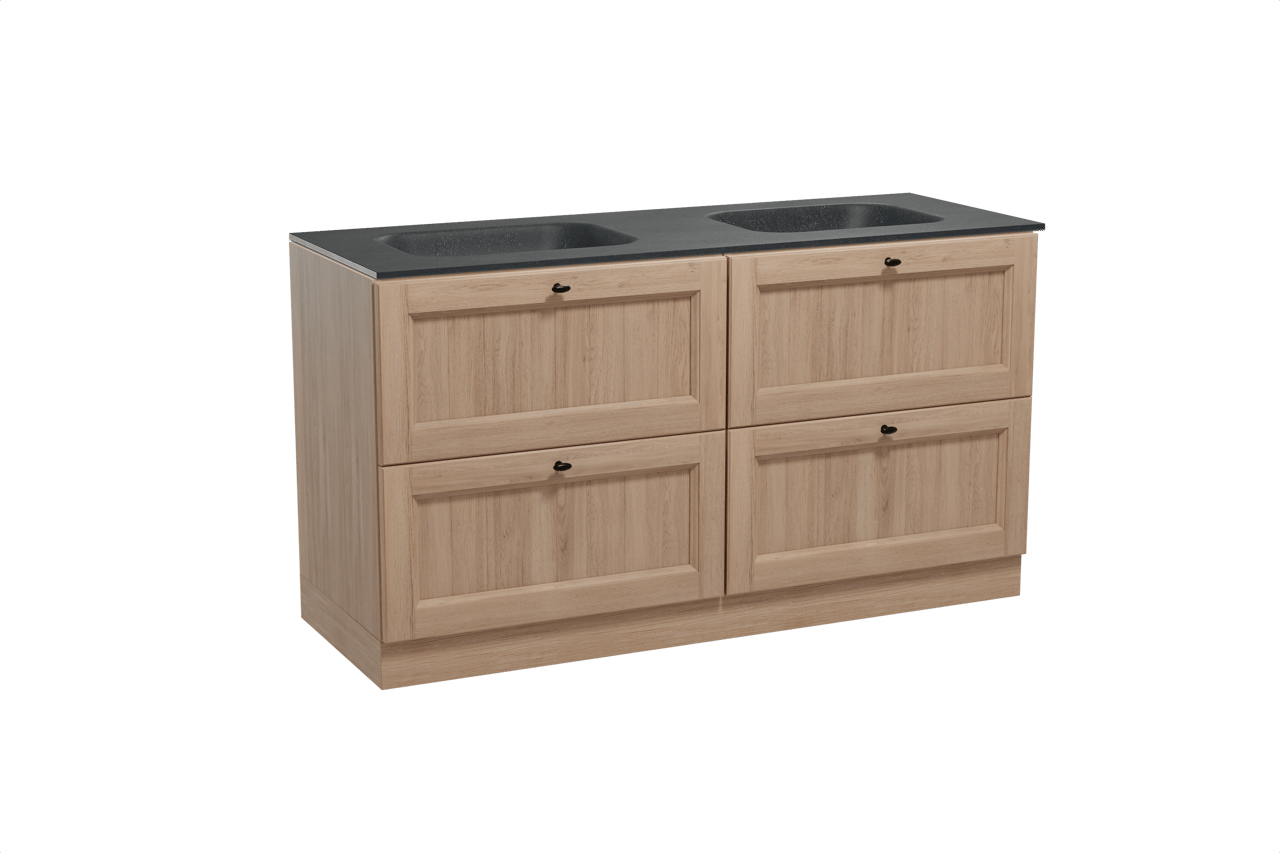 Balmani Lemon freistehendes Möbelstück Set: 150 x 55 cm, Verwitterte Eiche, mit Tablo Arcato Doppelwaschtisch, Schwarzes Granit