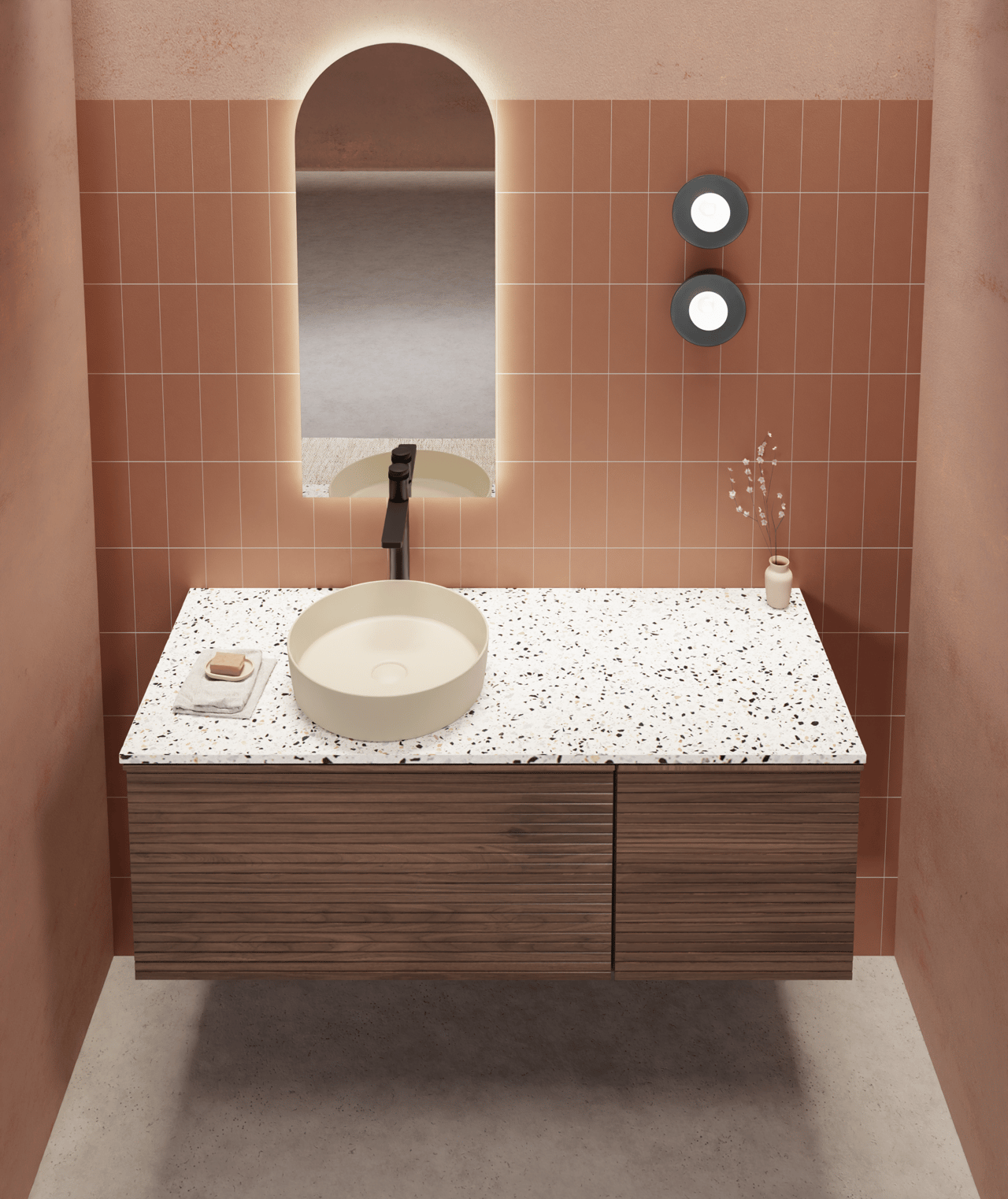 Balmani Forma hängender Waschbeckenunterschrank: horizontale Rippen, 45 x 55 cm, Amerikanischer Nussbaum, 2 Schubladen