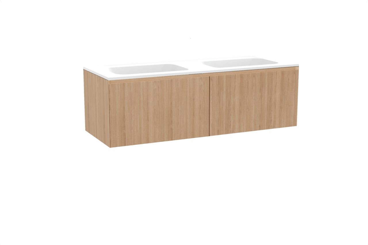 Balmani Fila meuble salle de bains suspendu 150 x 55 cm chêne naturel avec Tablo Strada double vasque en marbre composite blanc mat, Nervure droite symétrique verticale