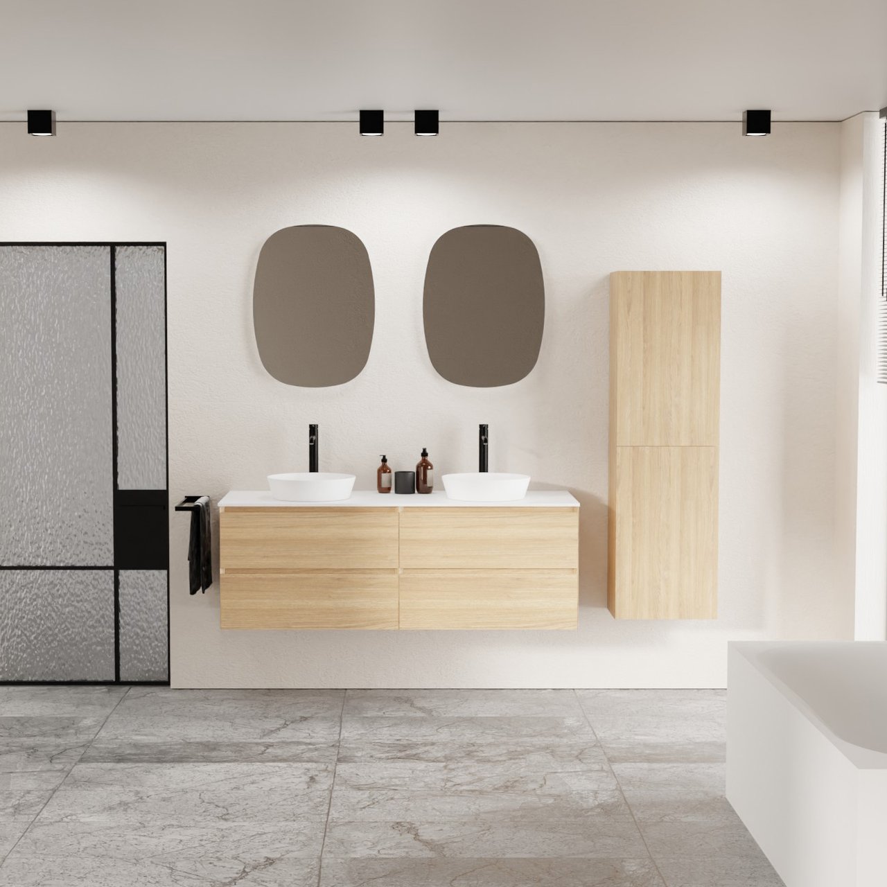 Balmani Mitra zwevend badkamermeubel 150 x 55 cm natuur eik met Stretto enkel of dubbel tablet in solid surface mat wit