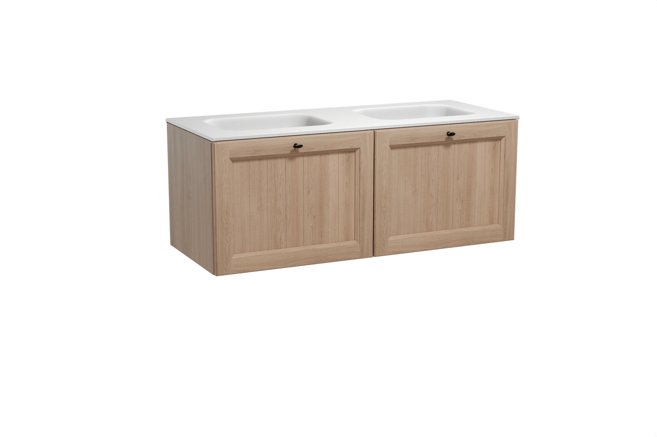 Balmani Lemon meuble salle de bains suspendu 135 x 55 cm chêne vieilli avec Tablo Arcato double vasque en solid surface blanc mat