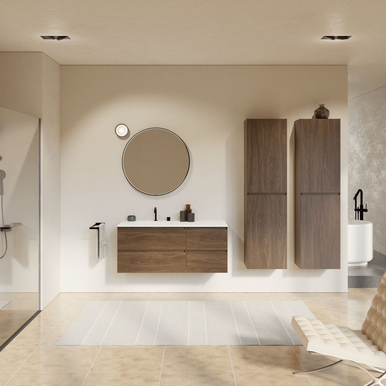 Balmani Mitra hängendes Möbelstück Set: 120 x 55 cm, Amerikanischer Nussbaum, mit Tablo Arcato Waschtisch links, Solid Surface Weiß matt