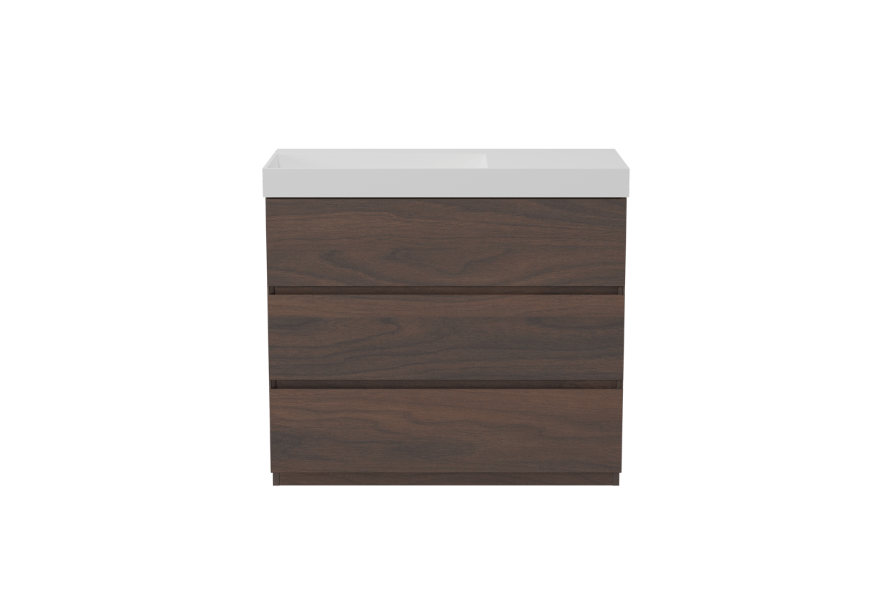 Storke Edge staand badkamermeubel 100 x 46 cm notelaar met Jura asymmetrisch linkse wastafel in solid surface mat wit