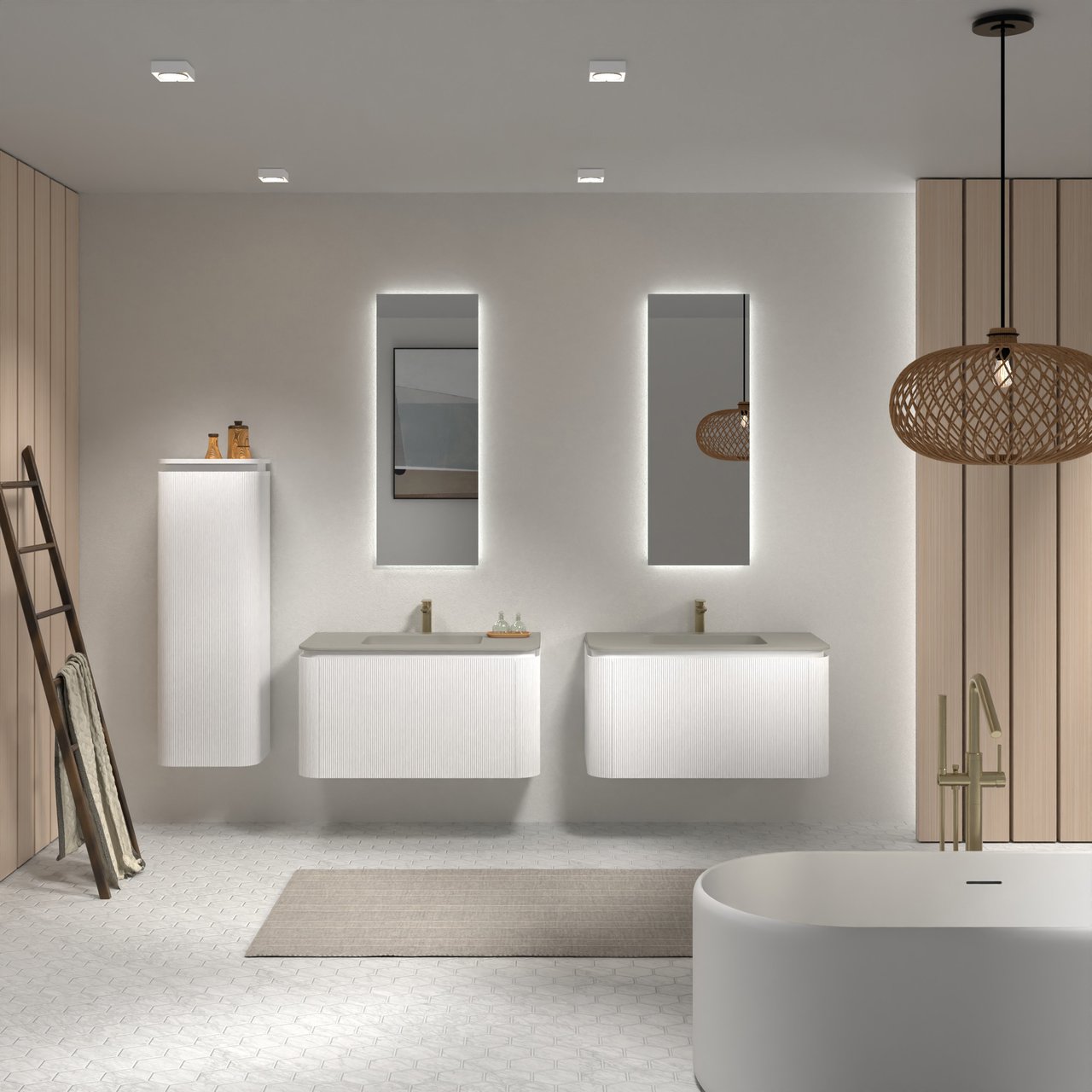 Balmani Moon zwevend badkamermeubel 100 x 55 cm mat wit met Moon enkele wastafel in top solid zijdegrijs, Verticale symmetrische rechte ribbel