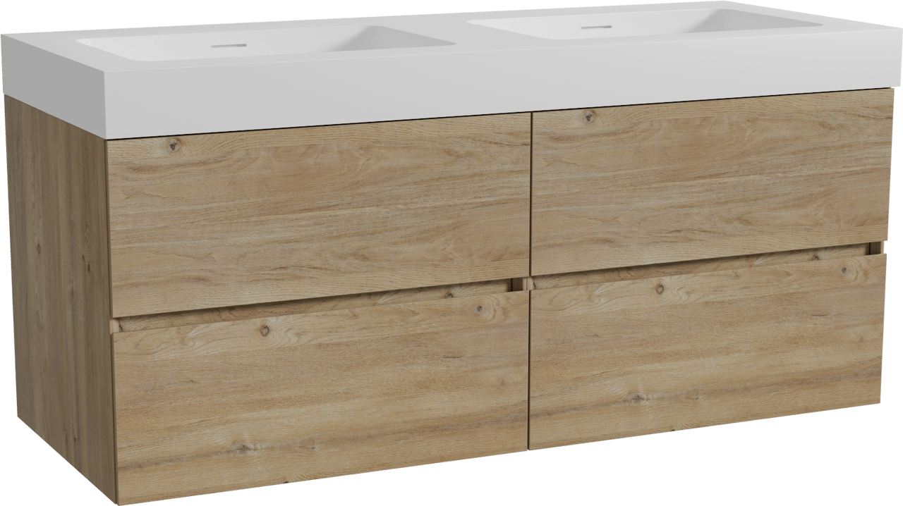 Storke Edge meuble salle de bains suspendu 130 x 52 cm chêne brut avec Mata High double vasque en solid surface blanc mat