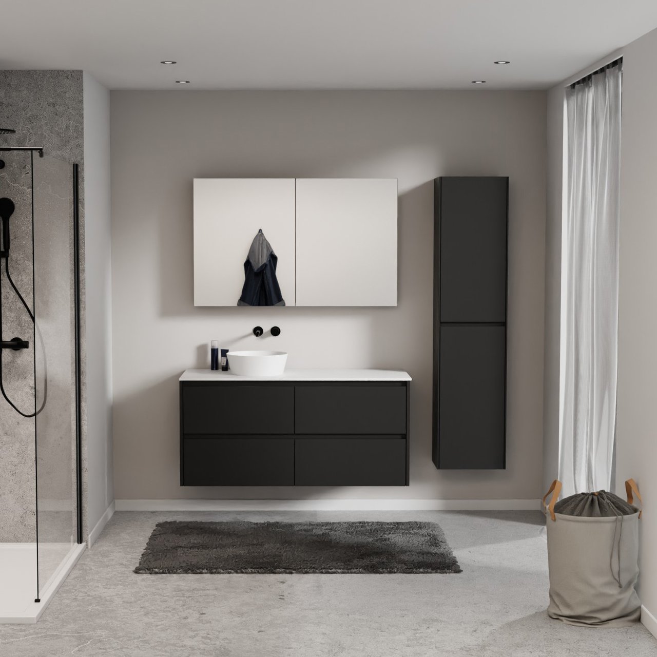 Storke Seda meuble salle de bains suspendu 130 x 52 cm noir mat avec Tavola tablette simple ou double en solid surface blanc mat