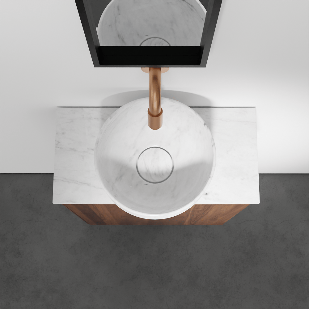 Balmani Mitra zwevend toiletmeubel 42 x 21 cm amerikaanse notelaar met Facetta tablet en Bowl waskom in Carrara marmer