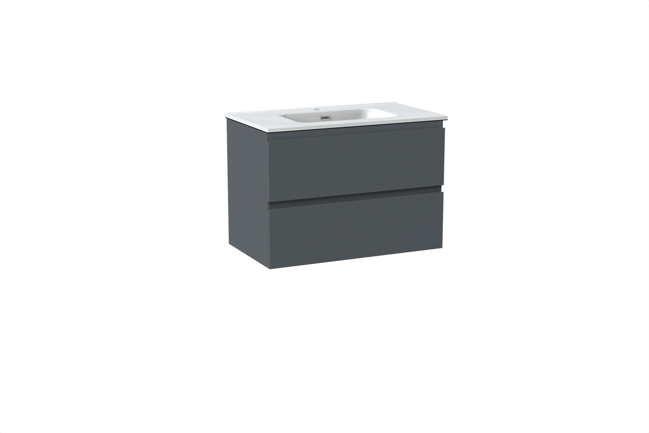 Linie Lado meuble salle de bains suspendu 80 x 46 cm bleu anthracite avec Baro plan simple en porcelaine blanc brillant