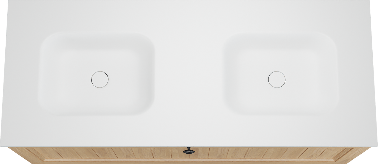Balmani Lemon zwevend badkamermeubel 135 x 55 cm, fineer natuur eik met Tablo Arcato dubbele wastafel in mat wit