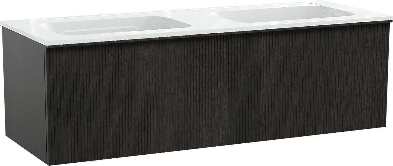 Balmani Forma hängendes Möbelstück Set: 150 x 55 cm, Schwarze Eiche, mit Tablo Strada Doppelwaschtisch, Marmorkomposit, Weiß glänzend, Vertikale symmetrische gerade Rippe