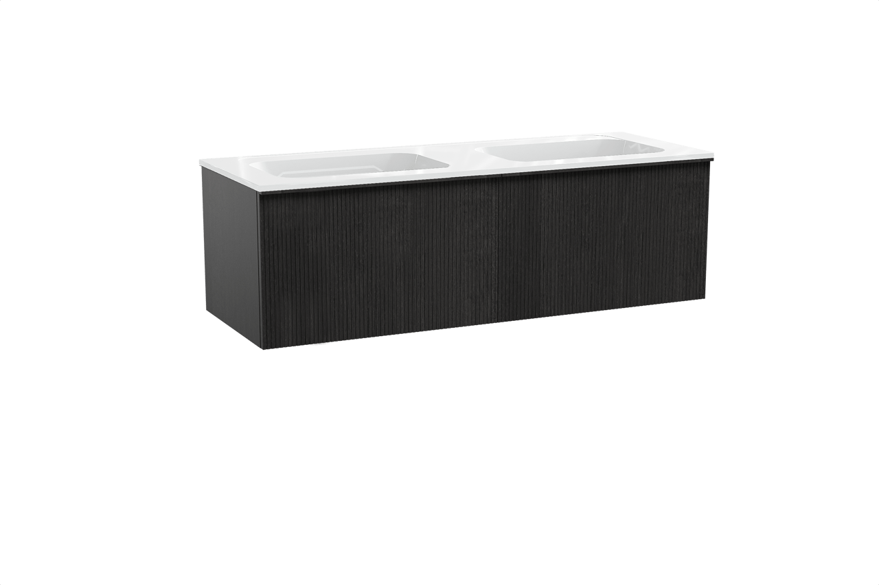 Balmani Forma hängendes Möbelstück Set: 150 x 55 cm, Schwarze Eiche, mit Tablo Strada Doppelwaschtisch, Marmorkomposit, Weiß glänzend, Vertikale symmetrische gerade Rippe