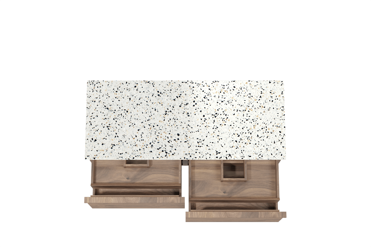 Balmani Forma zwevend badmeubel 135 x 55 cm amerikaans notenhout met Stretto enkel of dubbel wastafelblad in mat wit/zwart terrazzo, Horizontale symmetrische rechte ribbel