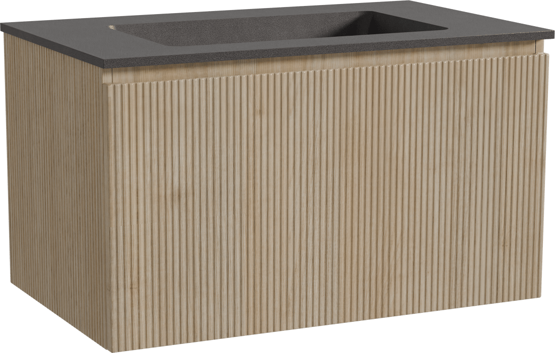 Storke Ribs meuble salle de bains suspendu 85 x 52 cm chêne brut avec Scuro plan simple en quartz noir mat, Nervure droite symétrique verticale