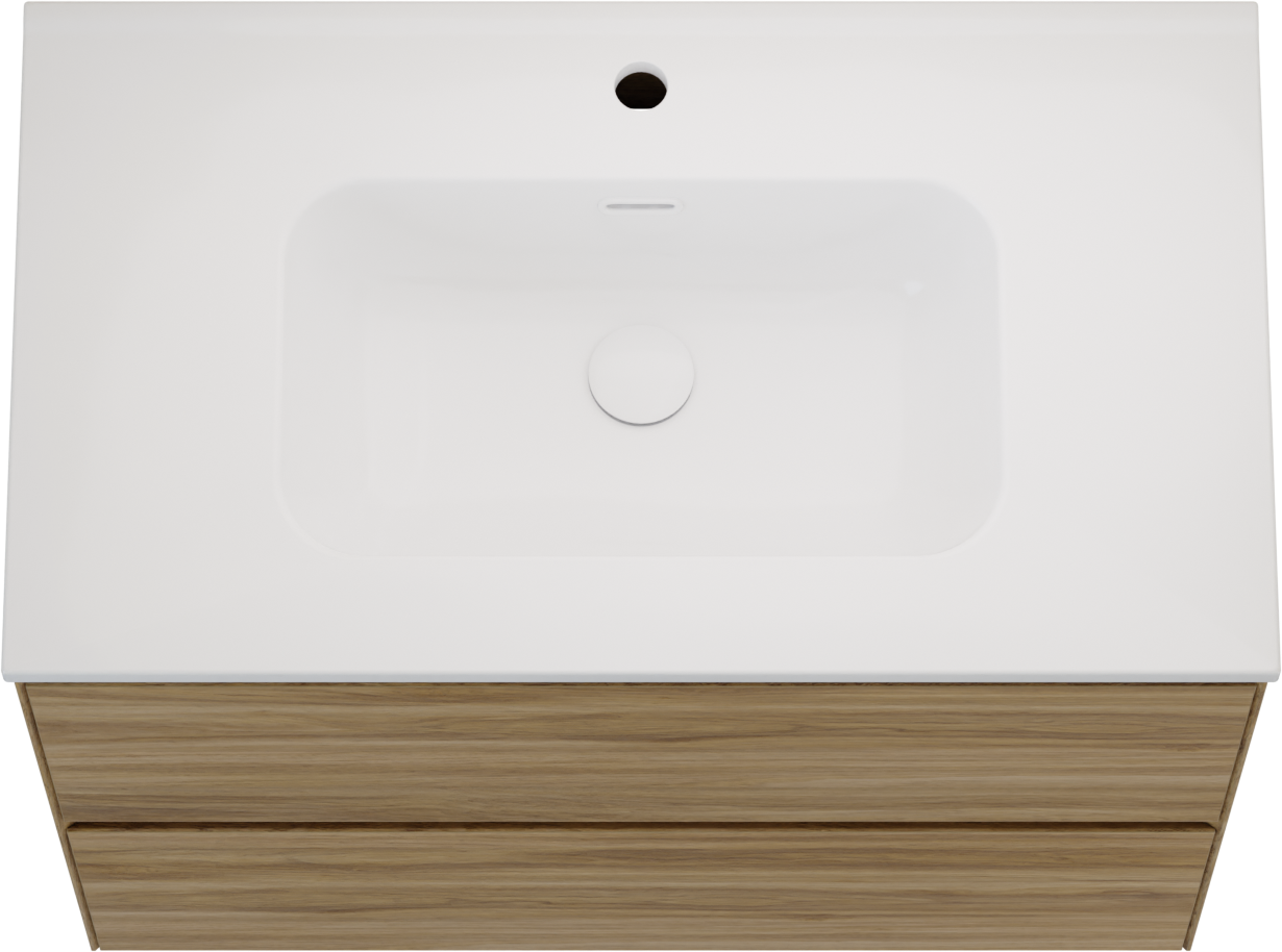 Balmani Mitra Compact hängendes Möbelstück Set: 80 x 46 cm, Wildeiche, mit Nostra Einzelwaschtisch Keramik Weiβ glänzend