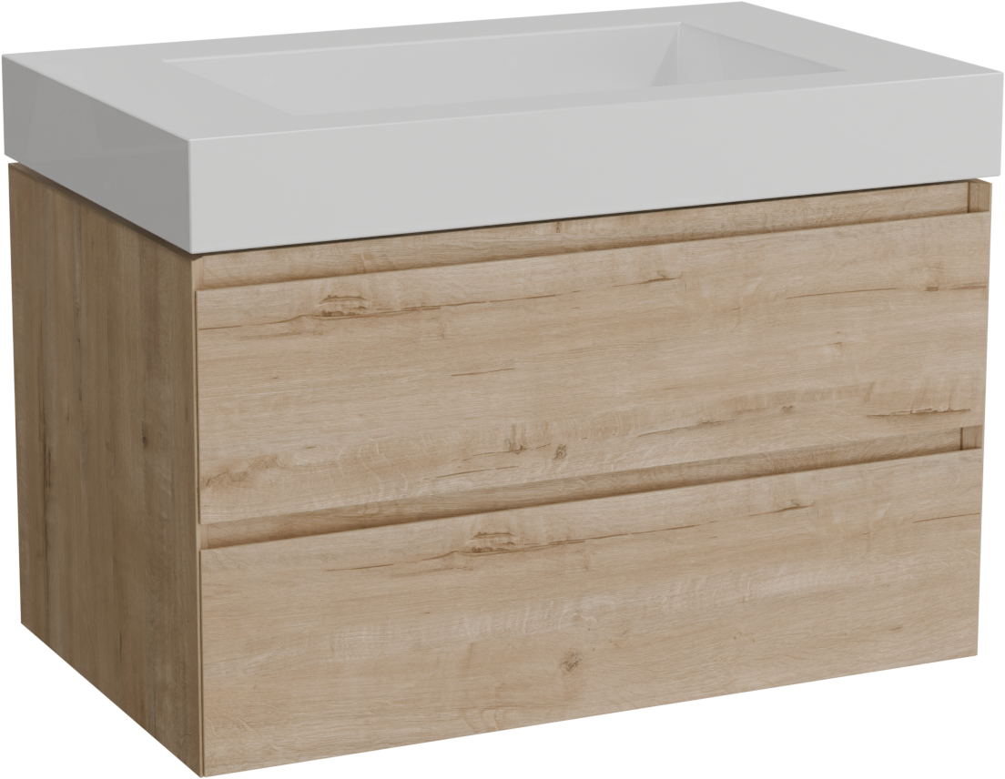 Balmani Mitra hängendes Möbelstück Set: 90 x 55 cm, Rohe Eiche, mit Modus Einzelwaschtisch, Solid Surface Weiß matt