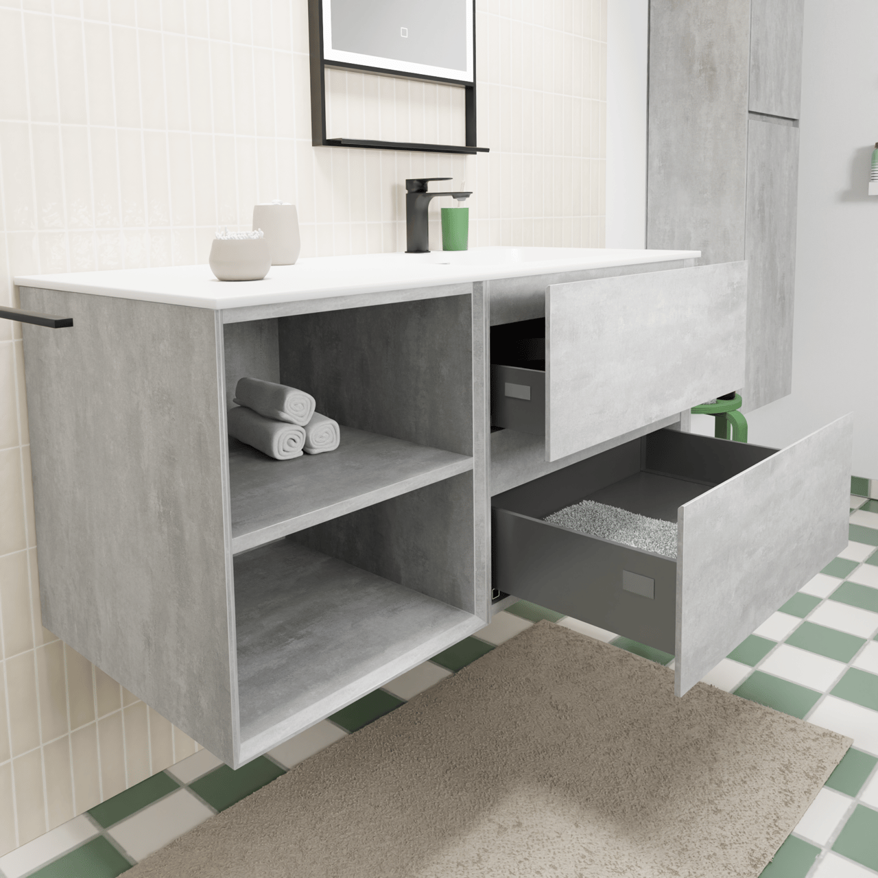 Storke Edge meuble salle de bains suspendu 110 x 52 cm béton gris foncé avec Mata plan vasque asymétrique à droite en solid surface blanc mat