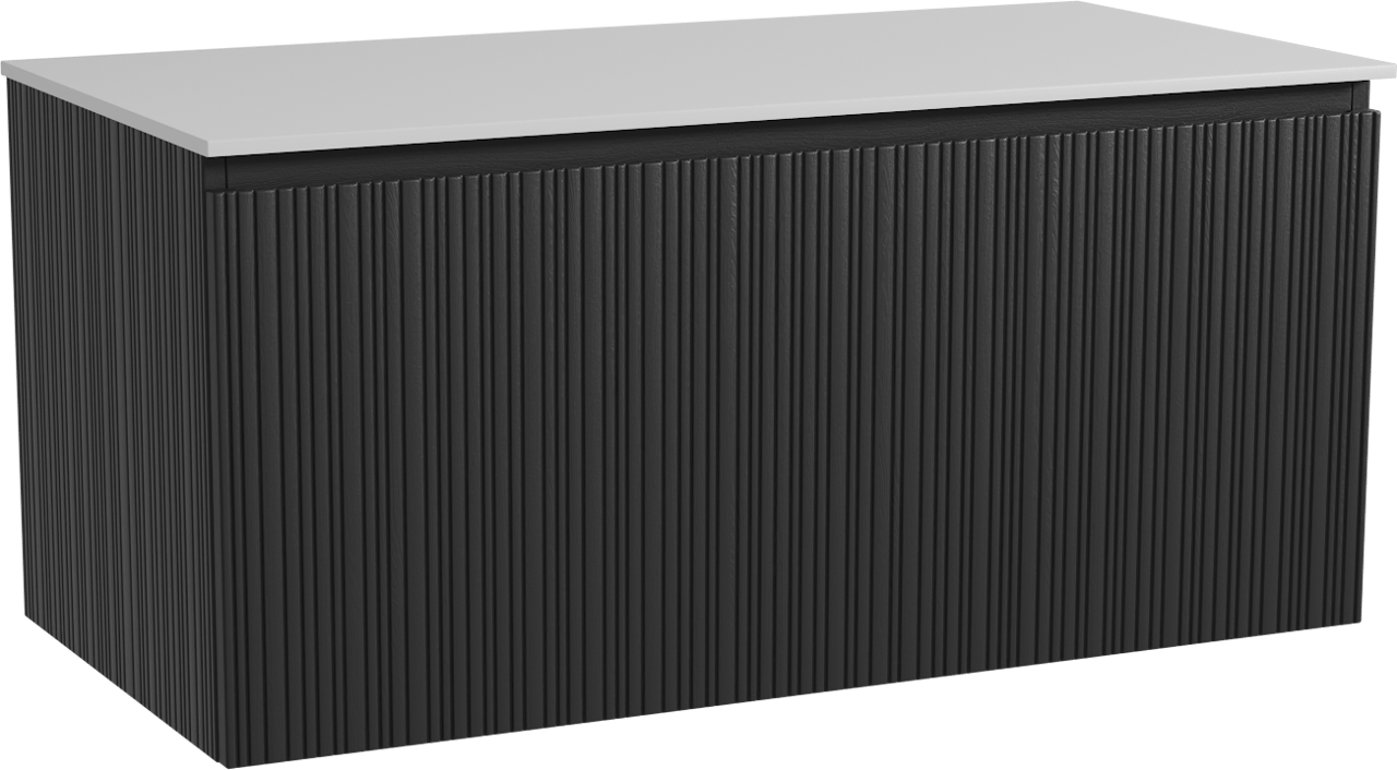 Storke Ribs meuble salle de bains suspendu 105 x 52 cm chêne noir avec Tavola tablette simple en solid surface blanc mat, Nervure droite asymétrique verticale