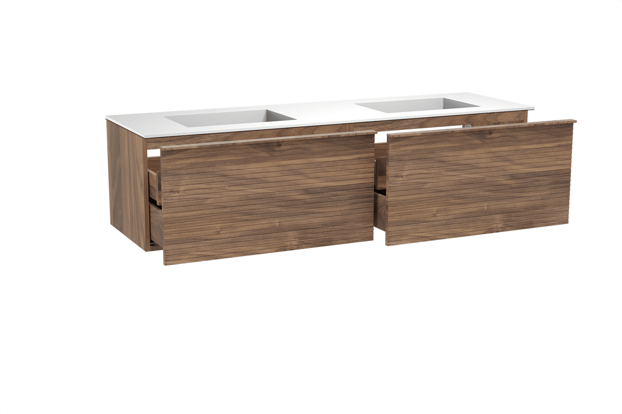 Balmani Forma meuble salle de bains suspendu 180 x 55 cm noyer américain avec Tablo Stretto double vasque en solid surface blanc mat, Nervure droite symétrique horizontale