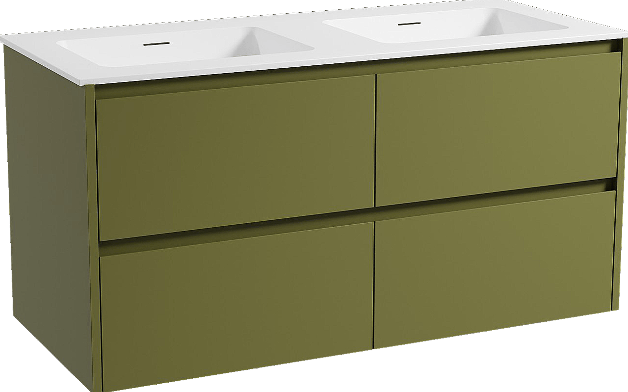 Storke Seda meuble salle de bains suspendu 120 x 52 cm vert olive avec Mata double vasque en solid surface blanc mat