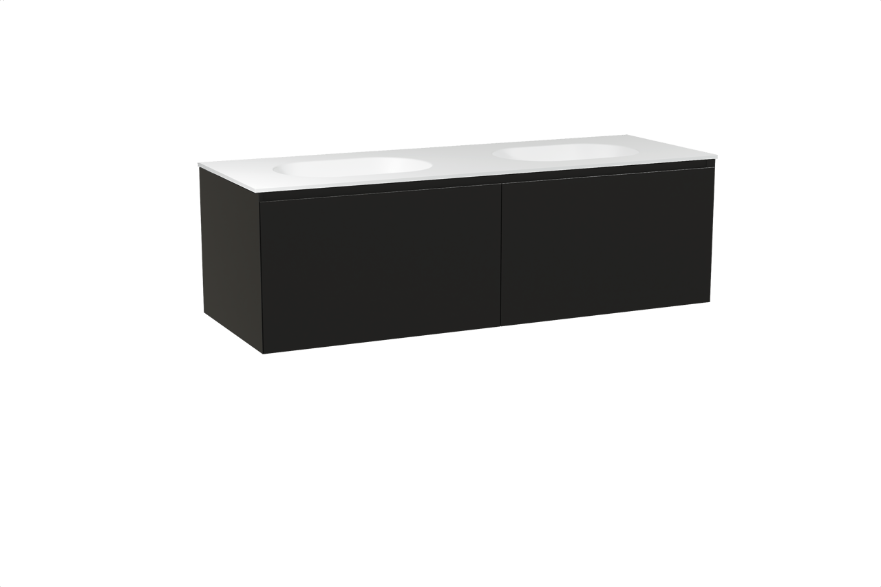 Balmani Idra hängendes Möbelstück Set: 150 x 55 cm, Schwarz matt, mit Tablo Oval Doppelwaschtisch, Solid Surface Weiß matt