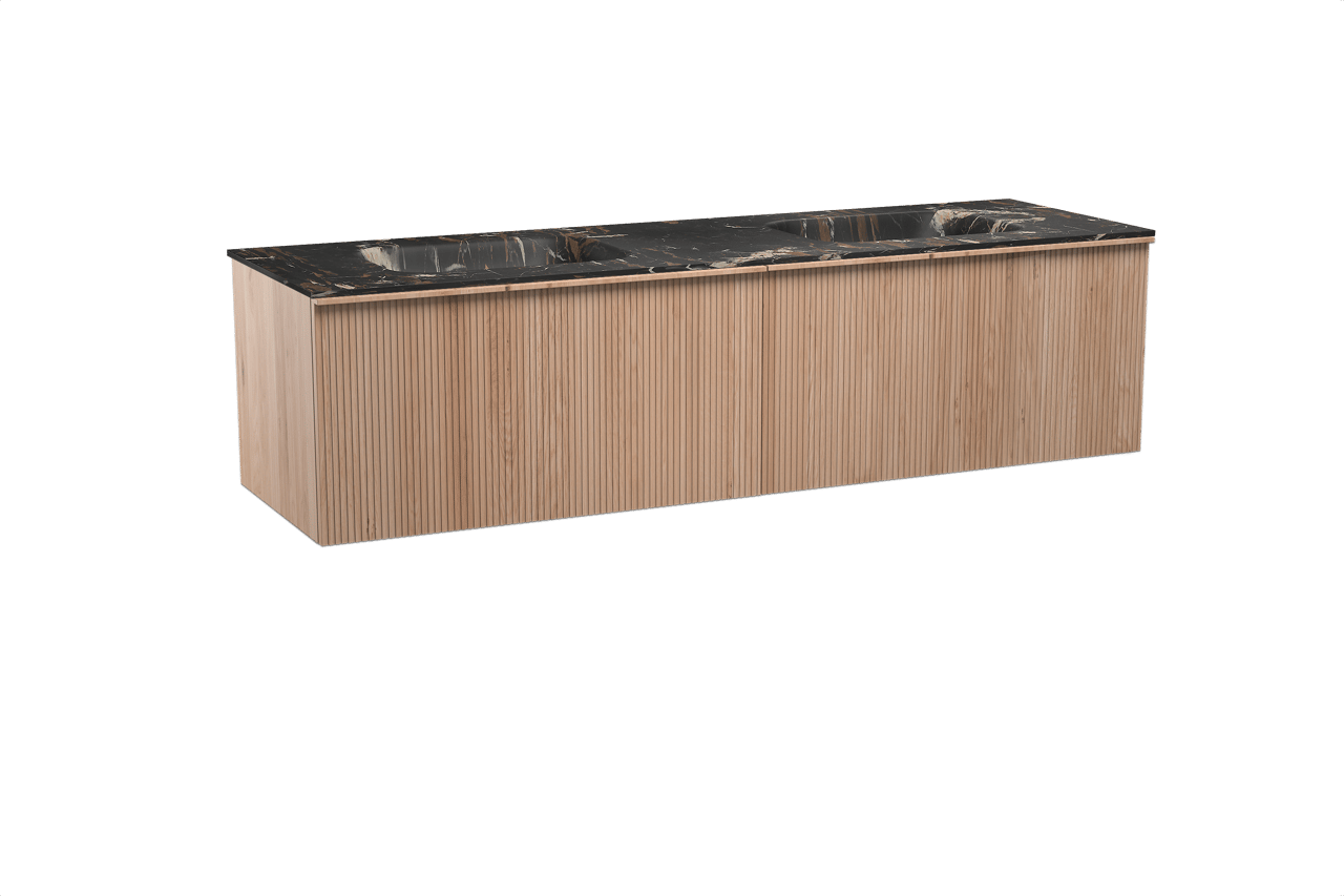 Balmani Forma hängendes Möbelstück Set: 180 x 55 cm, Naturbelassene Eiche, mit Tablo Arcato Doppelwaschtisch, Marmor, Portoro Gold, Vertikale symmetrische gerade Rippe