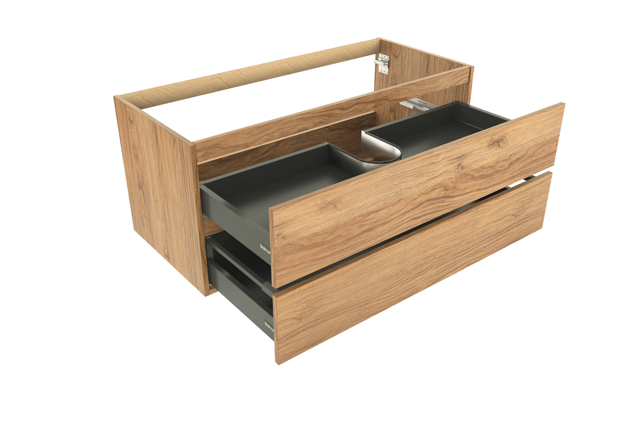 Balmani Lucida hängender Waschbeckenunterschrank: 120 x 55 cm, Teak, 2 Schubladen