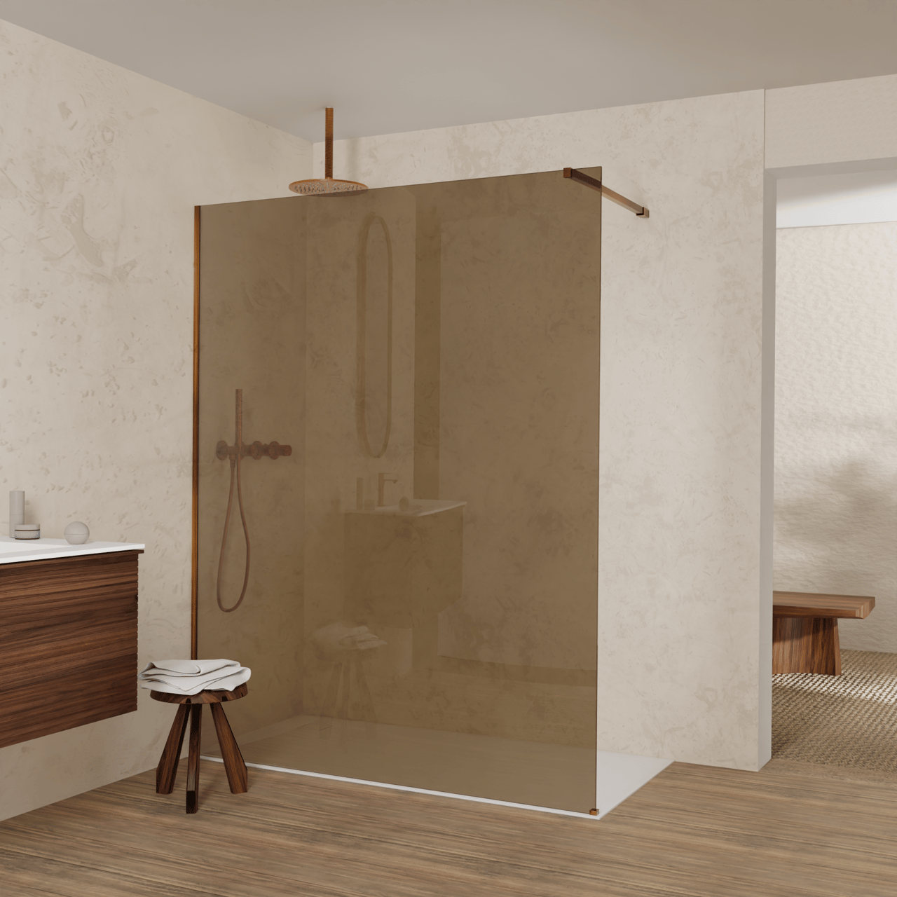 Balmani Modular douche à l'italienne: 160 x 200 cm, Verre bronze, avec coating, Profil Brushed Rosegold