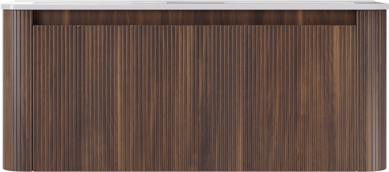 Storke Soft meuble salle de bains suspendu 120 x 46 cm noyer avec Kera Soft double vasque en porcelaine blanc brillant, Nervure droite symétrique verticale