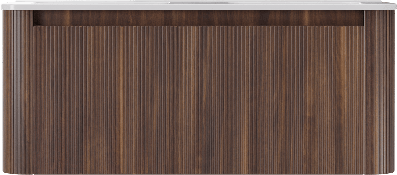 Storke Soft meuble salle de bains suspendu 120 x 46 cm noyer avec Kera Soft double vasque en porcelaine blanc brillant, Nervure droite symétrique verticale