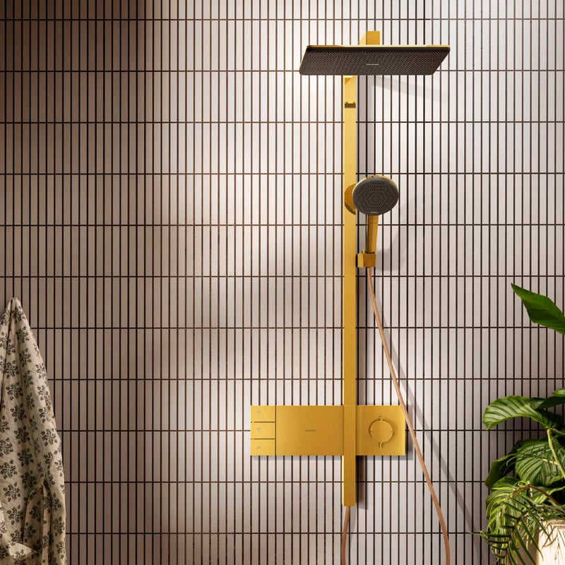 Hansgrohe Raindance Alive Q Showerpipe Duschsystem 210/340 2jets mit Ecosmart Showerselect Comfort, Polished Gold Optic