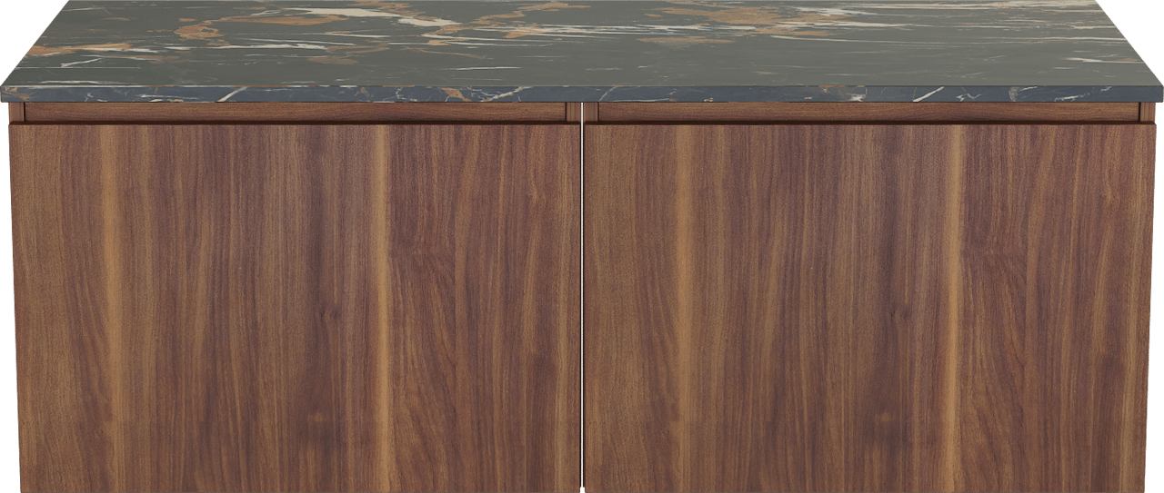 Balmani Sfera zwevend badmeubel 135 x 55 cm amerikaans notenhout met Stretto enkel of dubbel wastafelblad in marmer portoro gold