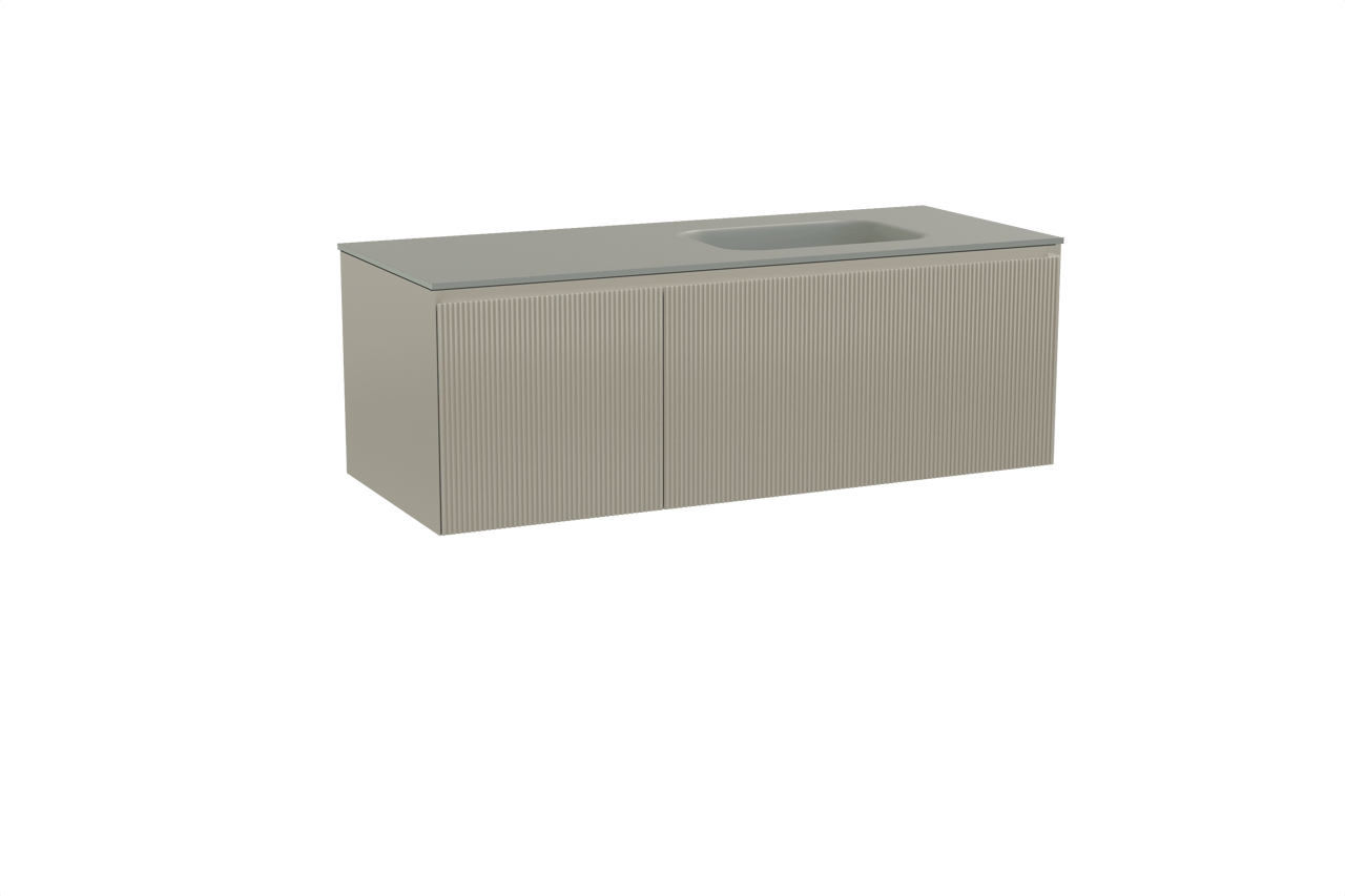 Balmani Fila zwevend badkamermeubel 135 x 55 cm steengrijs met Tablo Arcato asymmetrisch rechtse wastafel in solid surface steengrijs, Verticale symmetrische rechte ribbel