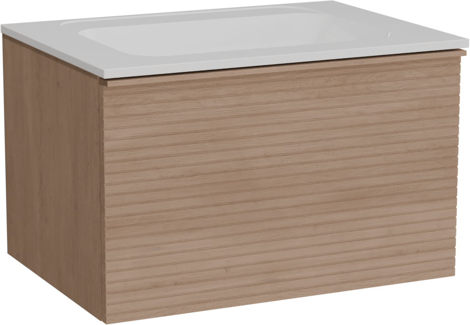 Balmani Forma hängendes Möbelstück Set: 75 x 55 cm, Naturbelassene Eiche, mit Tablo Strada Einzelwaschtisch, Marmorkomposit, Weiß glänzend, Horizontale symmetrische gerade Rippe