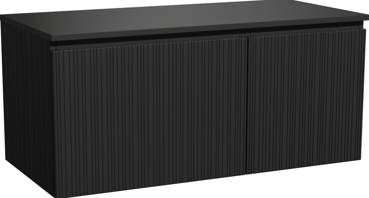 Storke Ribs zwevend badmeubel 110 x 52 cm zwart eiken met Panton enkel wastafelblad in gepoedercoate mdf mat zwart, Verticale asymmetrische rechte ribbel