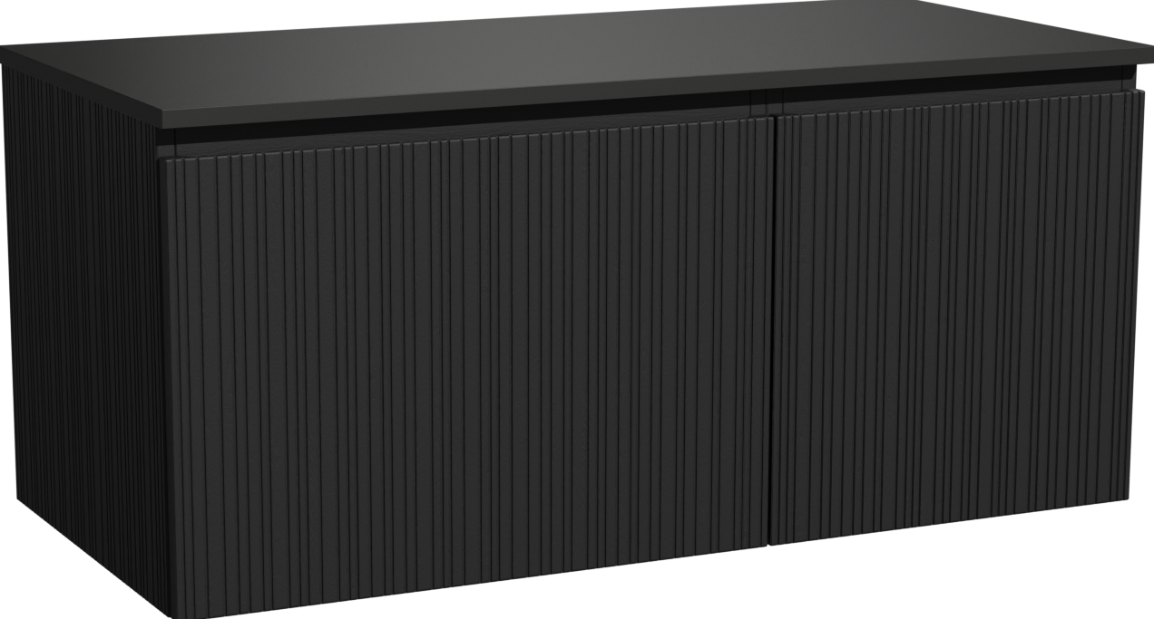 Storke Ribs zwevend badmeubel 110 x 52 cm zwart eiken met Panton enkel wastafelblad in gepoedercoate mdf mat zwart, Verticale asymmetrische rechte ribbel